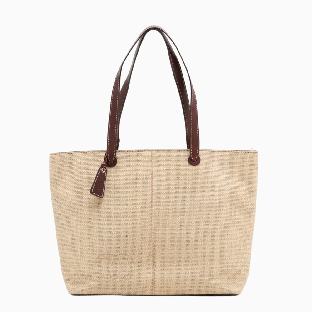 CHANEL Vintage CC Logo Beige Raffia w/ Brown Leather Lagerfeld Era Tote Bag